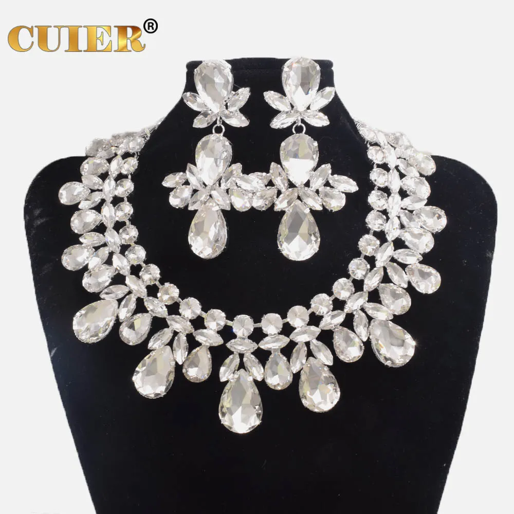 CuiEr Elegant Women Crystal Water Drop Gemstone Dangle Earrings Necklace Set Jewelry for Wedding Superior Gift for Female