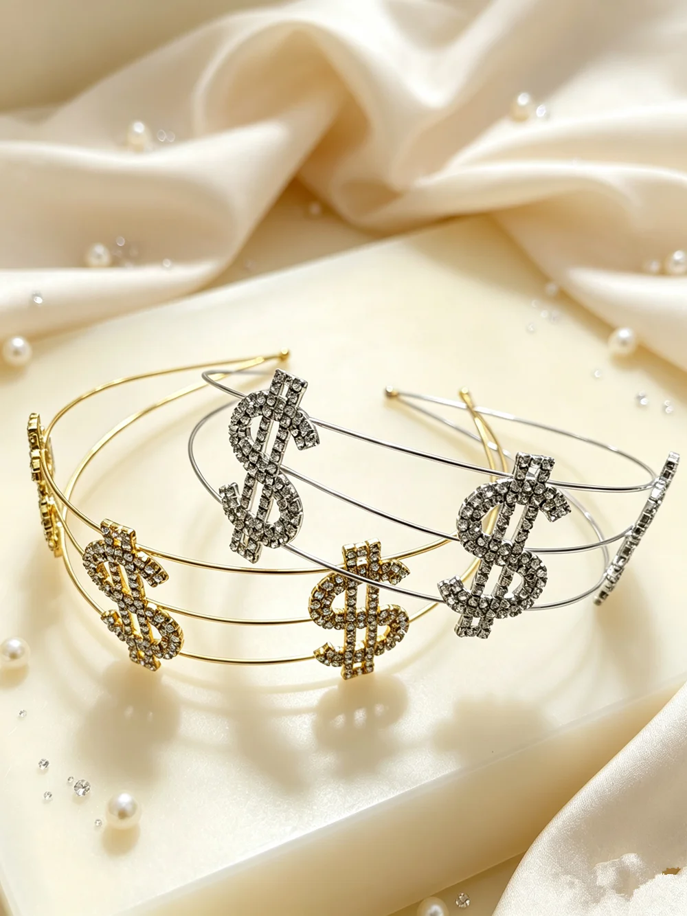 Shiny Metal Hairband Embedded with Rhinestones in Dollar Shape Ladies Hair Accessories Jewelry