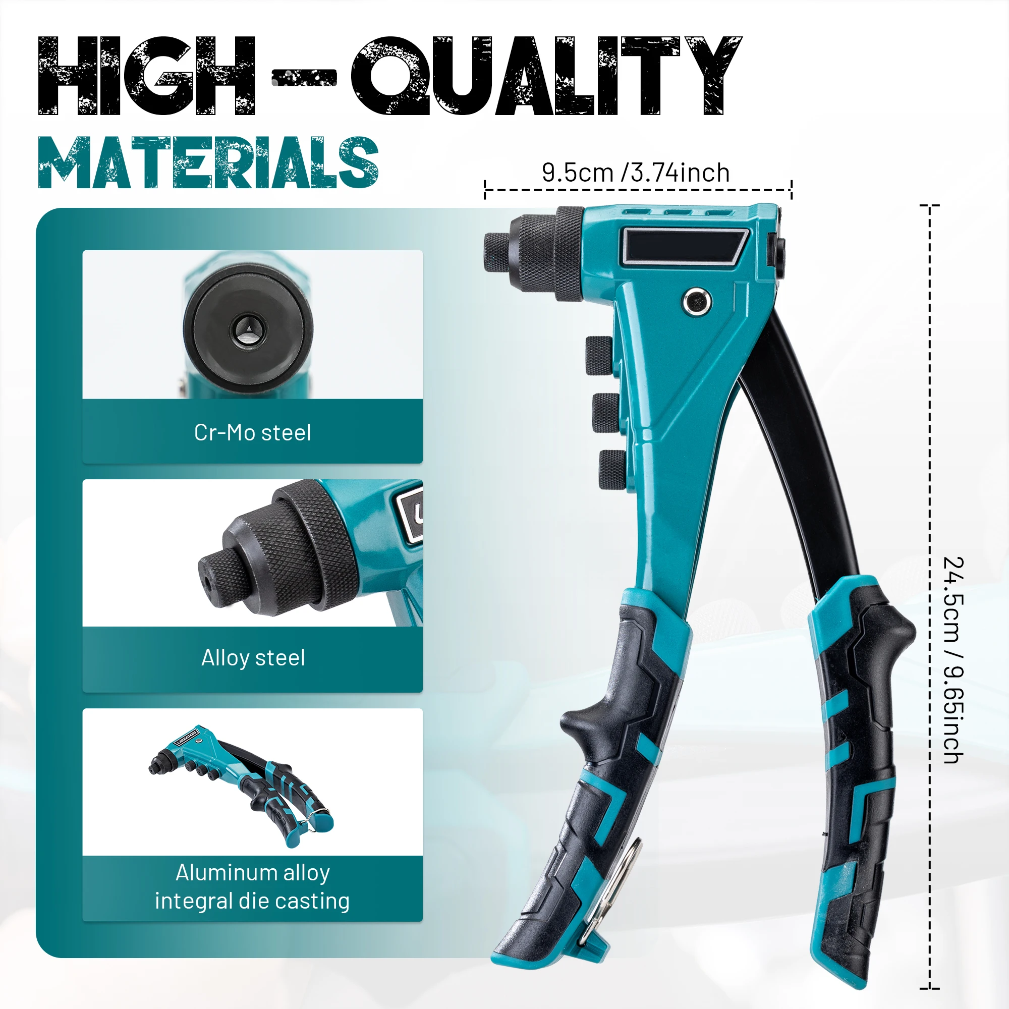Professional Heavy-Duty Rivet Gun, One-Handed Pop Rivet Gun Set Robust Riveter with Shaft Container, Manual Riveting Tool, Tool-Free Interchangeable Heads, for Metal, Wood, and Plastic - view 6