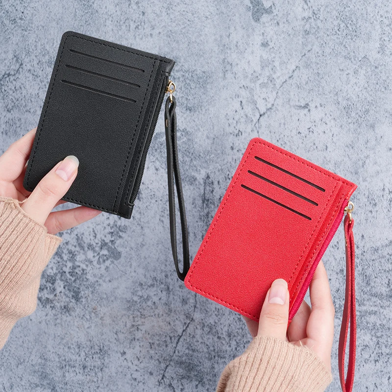 Ladies Ultra-Thin Short Wallet with Zipper Hand Strap Solid Color Card Holder Driver License Slot Direct Factory Sale