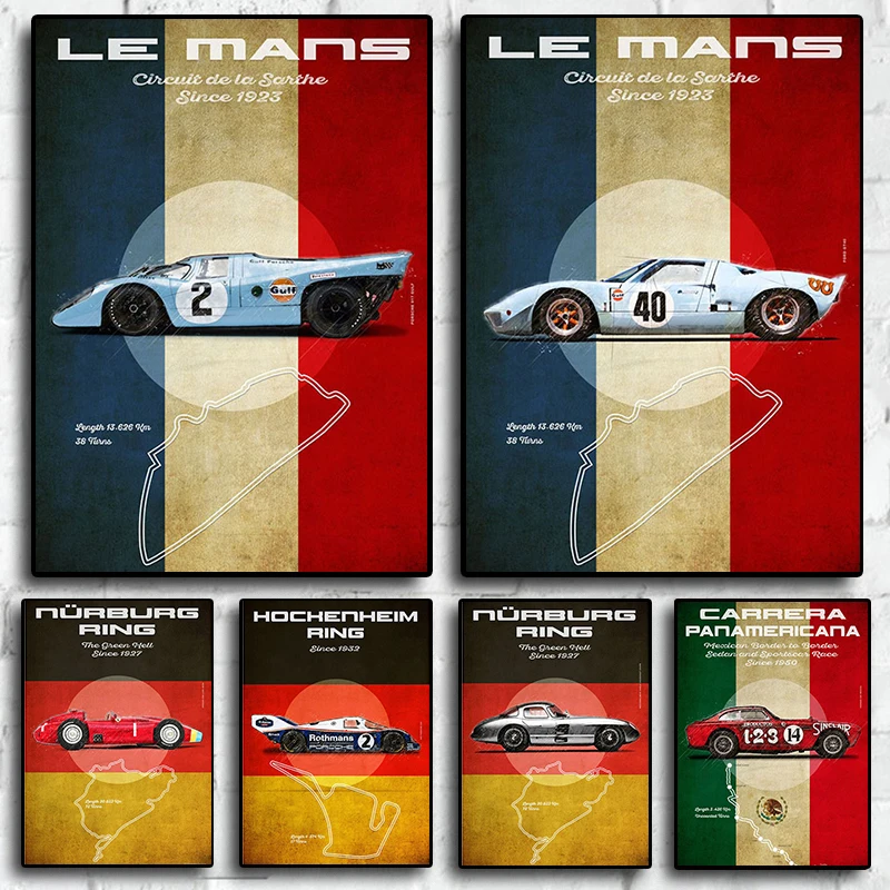 Le Mans Carrera Panamericana Nurburg Ring Racing Car Poster calidad lienzo pintura imagen dormitorio Living Wall Art decoración del hogar