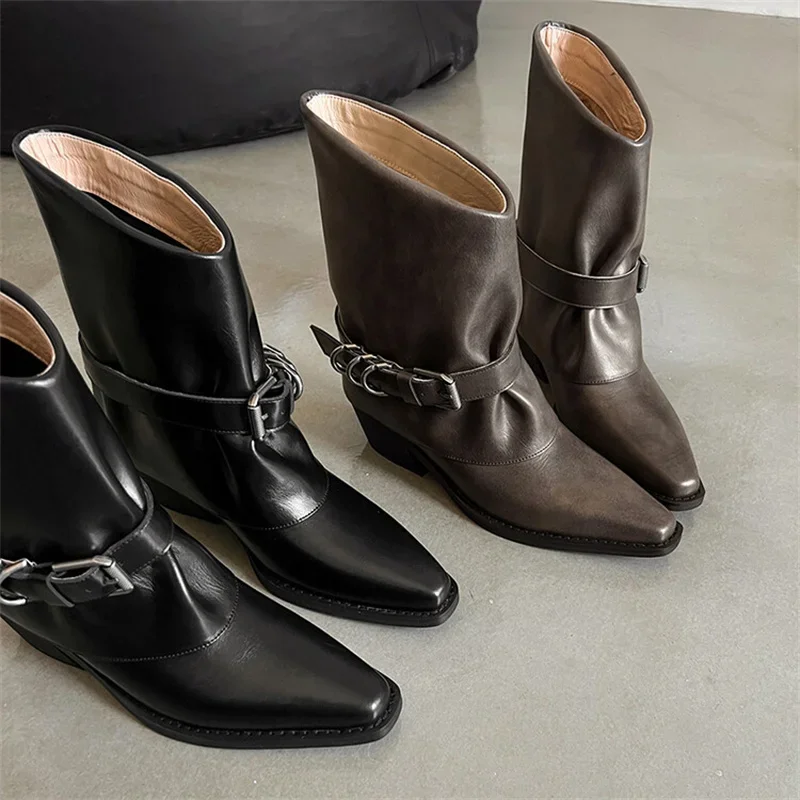 Genuine Leather Square Toe Chunky Heels Solid Pleated Boots Buckle Botas Sewing Versatile Runway Cozy Fashion Modern Shoes Metal