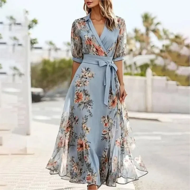 Robe Maxi en mousseline de soie pour femmes, col en v, à volants, manches courtes, taille serrée, ourlet taille haute, imprimé Floral doux, vêtements féminins