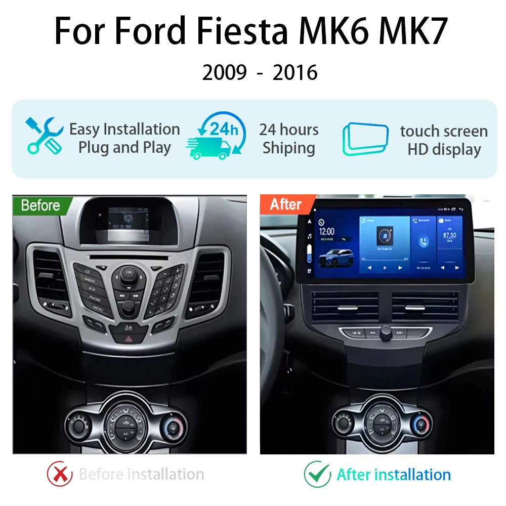 12.3 inch For Ford Fiesta MK6 MK7 2009 - 2016 Android 16 Car Touch Screen Plug and Play GPS Navigation High-performance CPU wifi