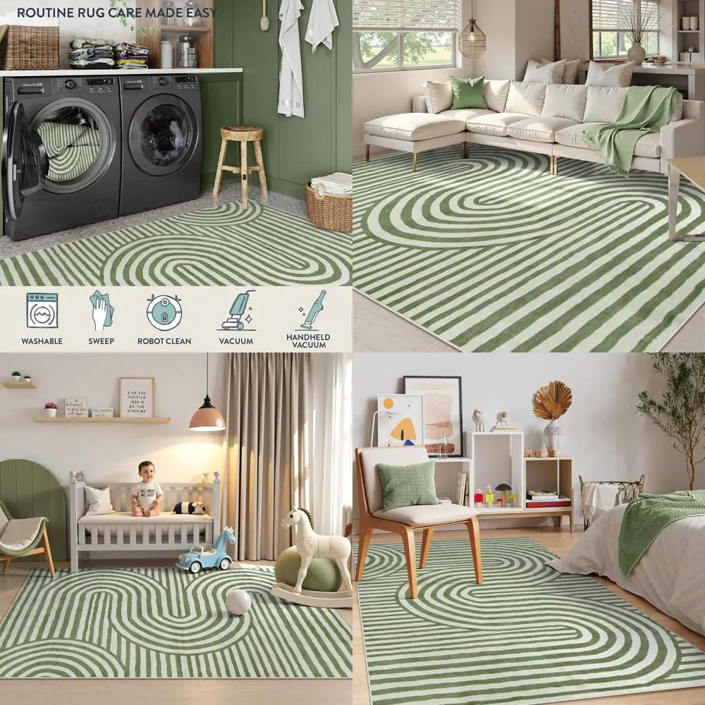 

Детский моющийся ковер 5x7 футов, зеленый, в стиле Mid-Century Modern, для гостиной, нескользящий, тонкий, устойчивый к пятнам, абстрактный, для детской комнаты/игровой комнаты