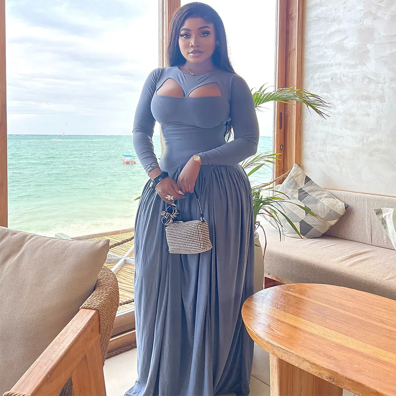 Damen-Herbst-Luxus-elegante Langarm-Maxikleider mit ausgehöhltem O-Ausschnitt 2025, Urlaub, schick, Urlaub, plissiertes blaues Swing-Crêpe-Kleid