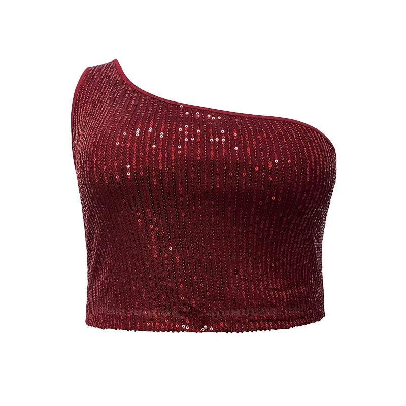 Plus Size Women Sequin One Shoulder Crop Top Red Glitter Tight Vest Sleeveless Tank Rave Party Clubwear Night Out Blouse