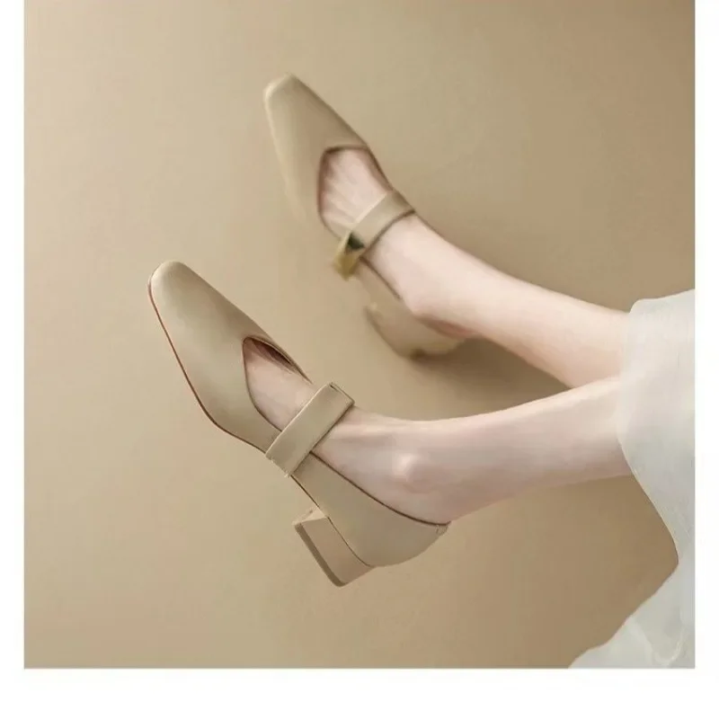 Ladies Summer Footwear with Medium Heels Shoes for Women 2024 Office White Square Toe Genuine Mark Beau Today Korean Style