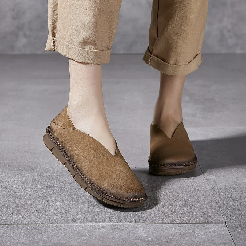 Nowa prawdziwa miękka skóra damska buty wsuwane pojedyncza płaska skóra bydlęca w ręcznie robione buty Retro