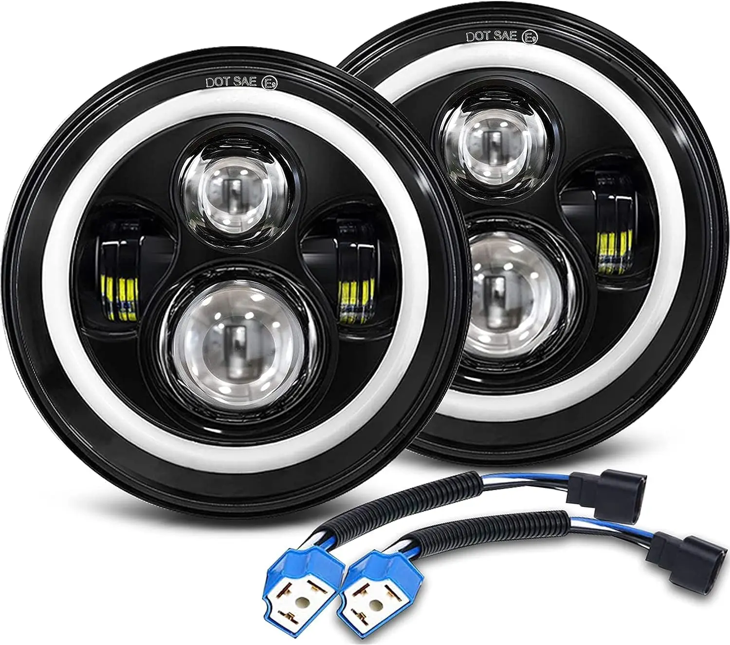 7 Inch LED Headlight with Amber Halo Turn Signal White DRL High/Compatible with Wrangler JK LJ CJ TJ (H4 H13 Adapter Included)
