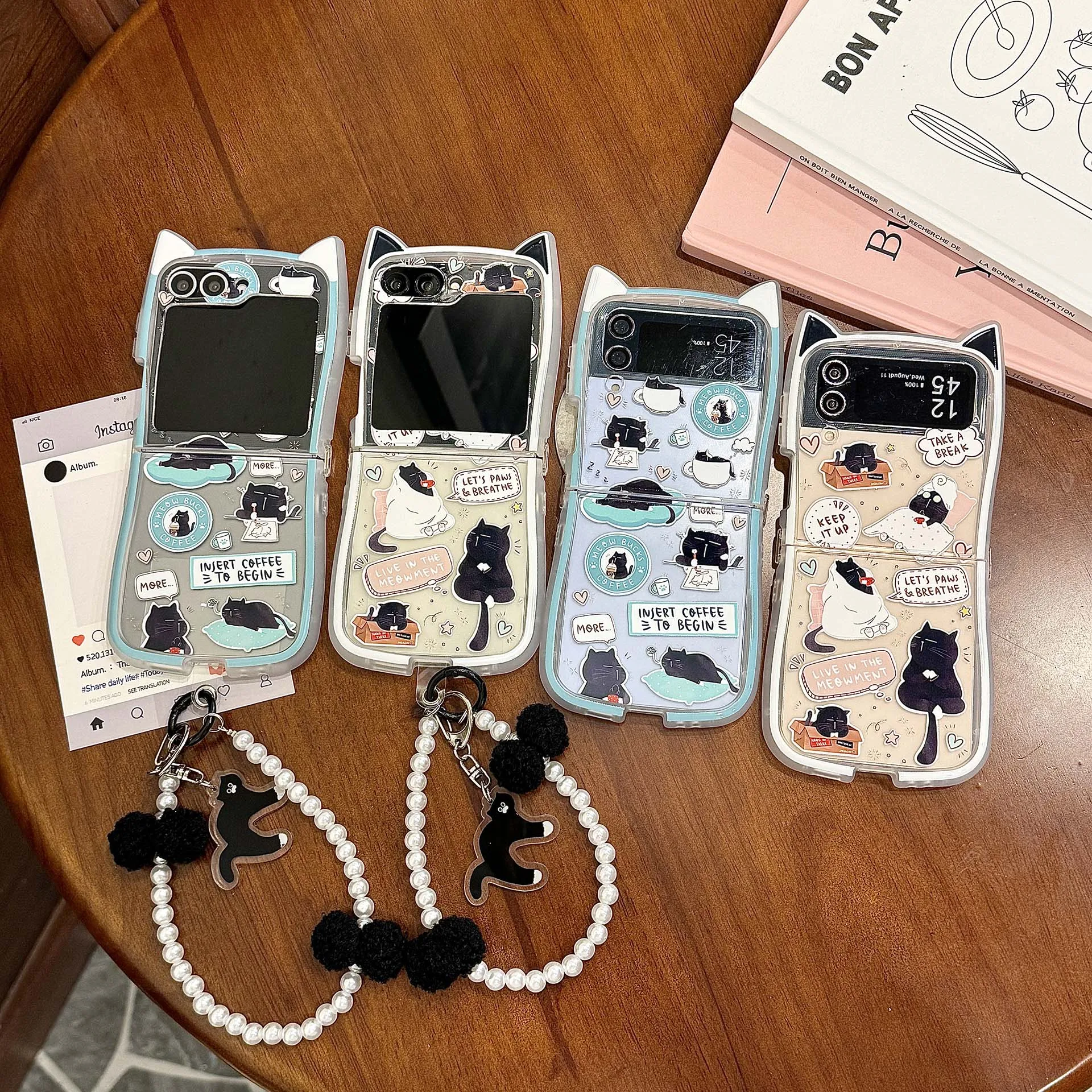 Koreanische süße Katze Ohr Cartoon schwarze Katze Telefon Fall für Samsung Galaxy Z Flip5 4 Flip4 3 Flip6 Flip5 Abdeckung mit Lanyard Telefon Abdeckung