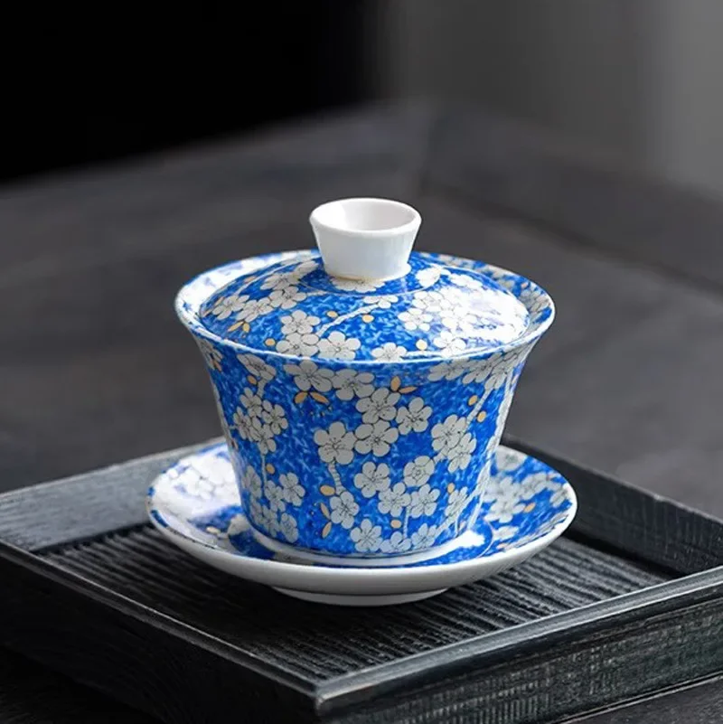 Blue White Ice Plum Gaiwan Porcelain Hovering Rotating Covered Bowl Ceramic High-end Sancai Anti-scalding Tea Set Bowl Tea Cup