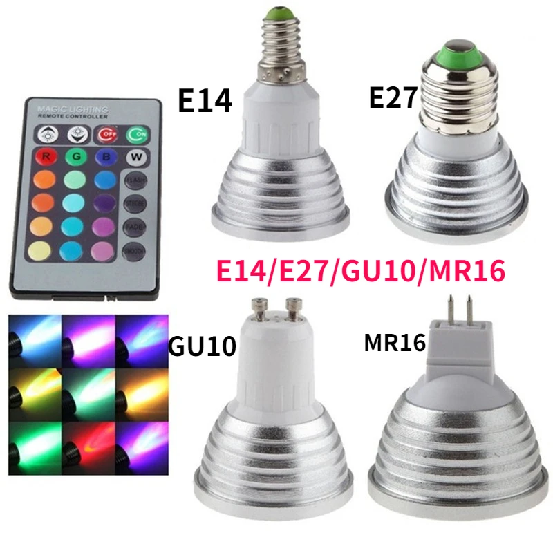 Nuevo foco LED RGB 3W E27 E14 GU10 GU5.3 MR16 con Control remoto de 24 teclas bombillas de luz regulables de Color para decoración del hogar