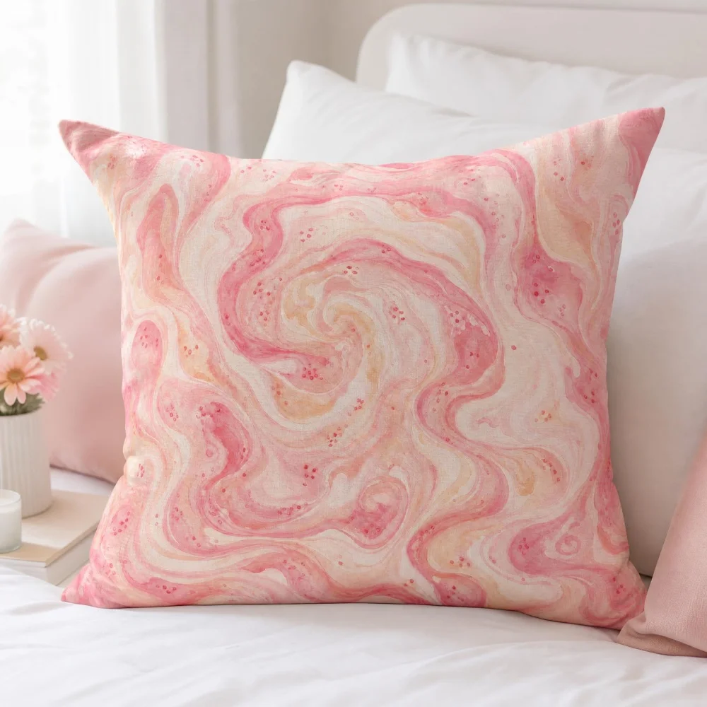 Strawberry Milk Swirl Marble Throw Pillow, Pink Pastel Fluid Abstract Decor Cushion, Zipper Washable Soft Square Accent Pillow