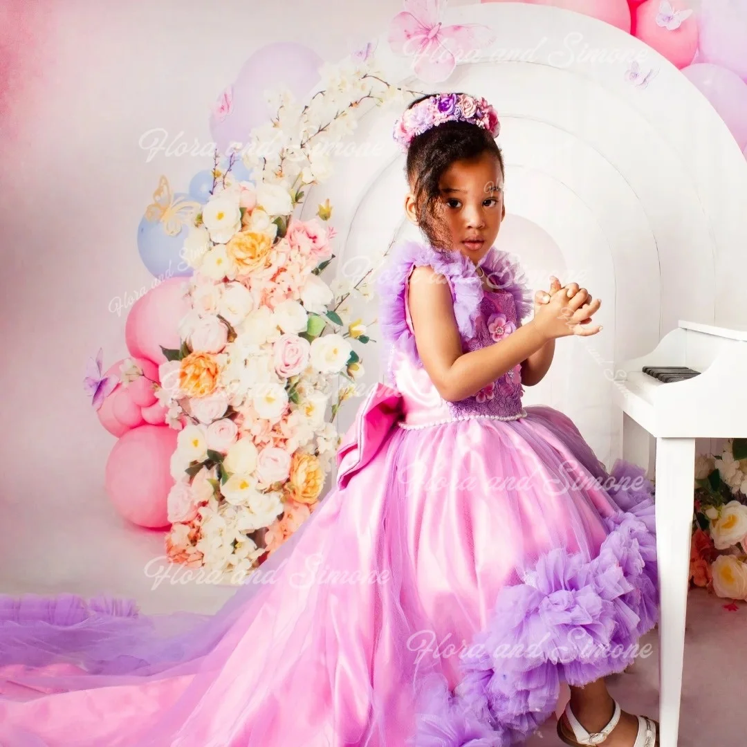 فساتين عيد ميلاد فاخرة للأطفال باللون الوردي، فستان فتاة الزهور مكشكش مطرز بالخرز لحفلات الزفاف وحفلات العطلات للفتيات الصغيرات