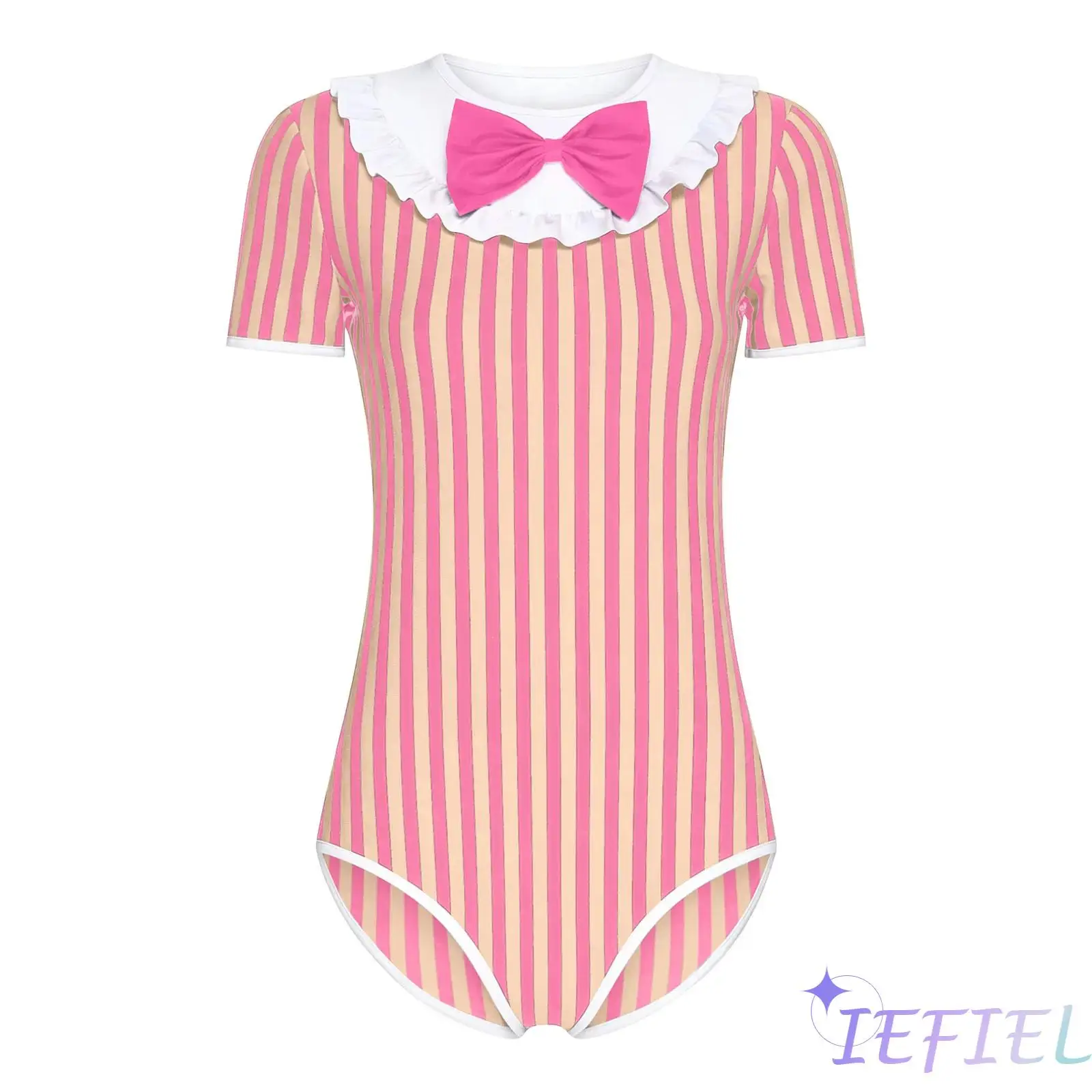 

Womens Cozy Striped Pajama Bodysuit with Bow And Ruffled Detail Short Sleeve Buttoned Crotch Sleepsuit Loungewear Nightwear
