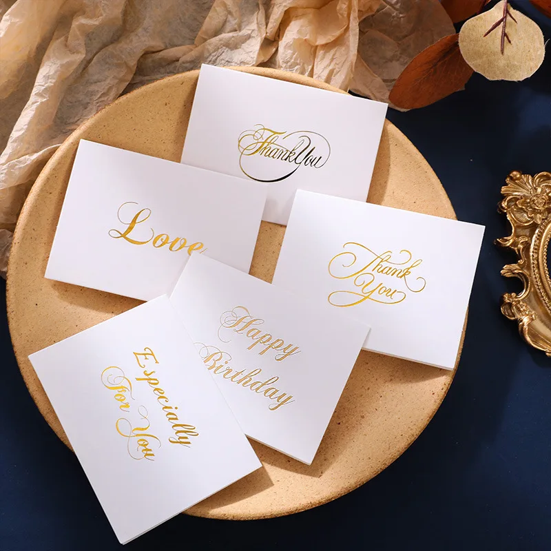 3PCS 7x9.5cm Thank You White Greeting Card Gold Stamping Simple Design Handwriting Message Cards Gift Decor Happy Birthday