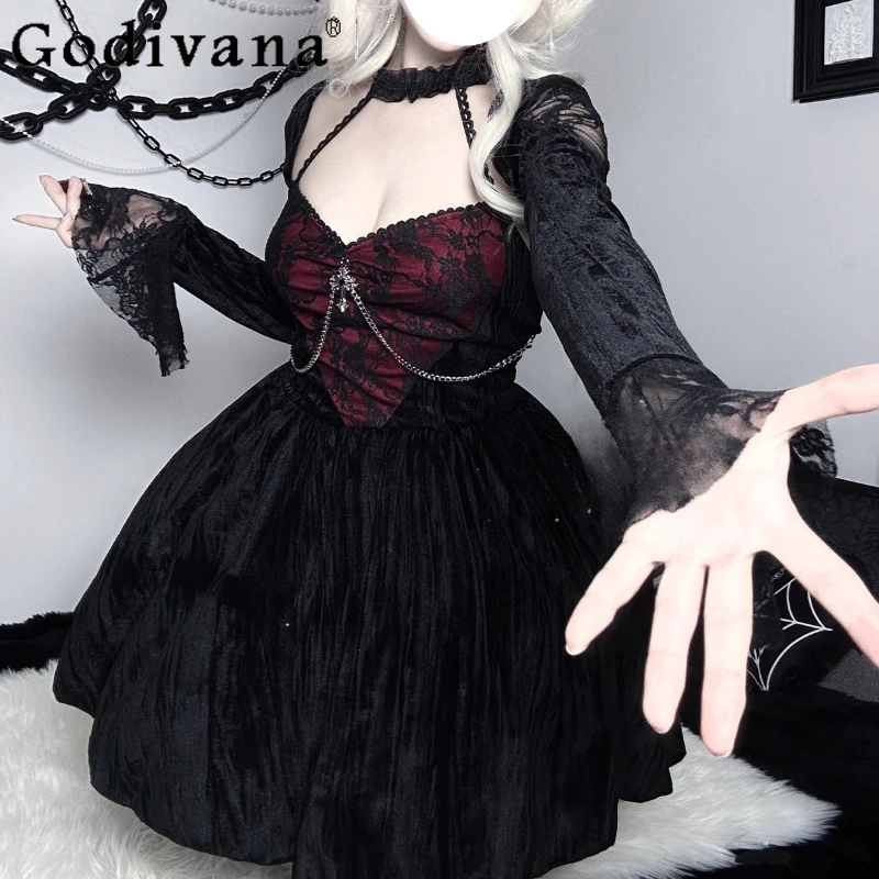 مجموعة فستان مخملي ذو ثقافة فرعية داكنة من الدانتيل على الطراز القوطي للنساء فستان أسود عالي الخصر لمهرجان لعب الأدوار فستان الحفلات