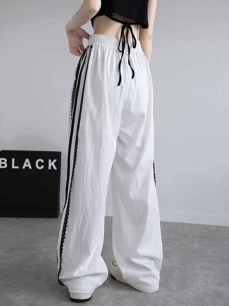 Korean Lace Patchwork Women's Trousers, Side Stripe Webbing Wide-Leg Pants, Casual Baggy Sweatpants, Women's Pants Trend 2026