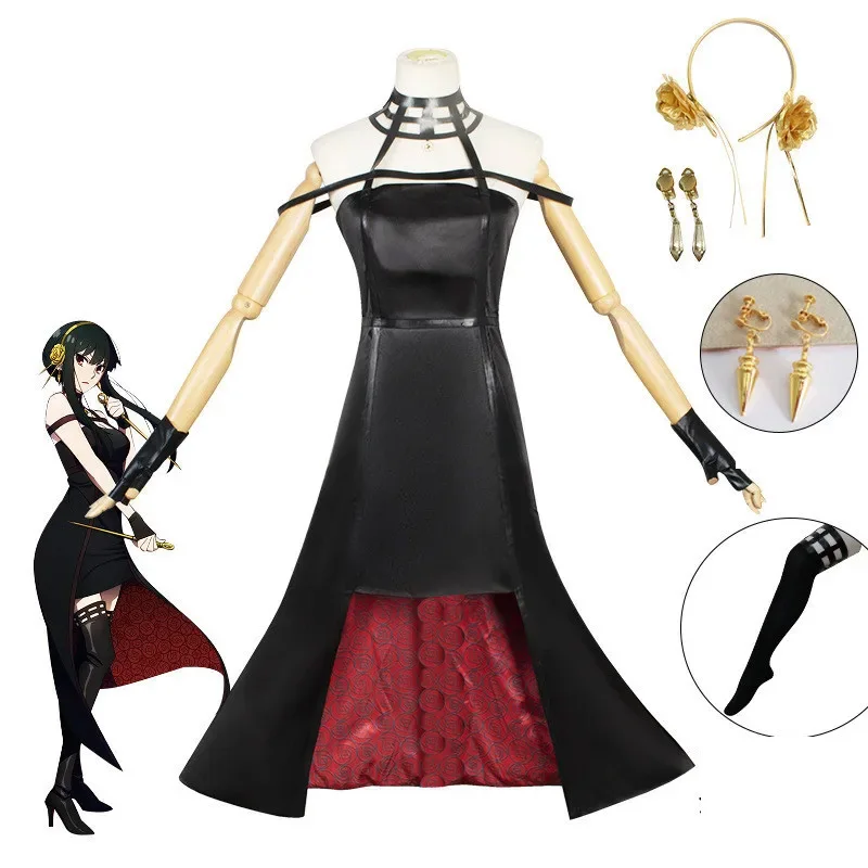 Yor Forger disfraz de Cosplay para mujer, peluca de Killer Assassin, vestido negro Halter gótico, accesorio para fiesta de Halloween