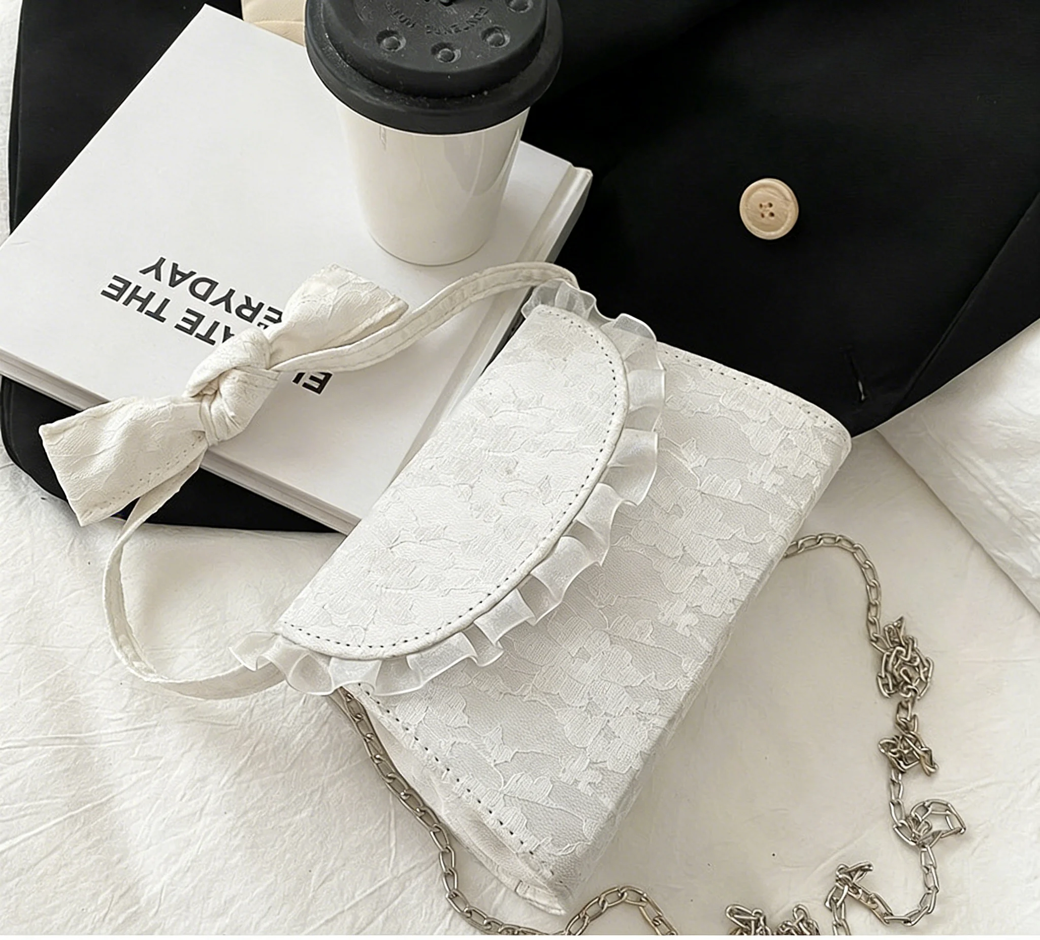 2026 Women‘s Sweet Lace Bow Ruffle Shoulder Bag Cute Chain Crossbody Handbag Romantic Purse For Party Wedding Daily Shopping