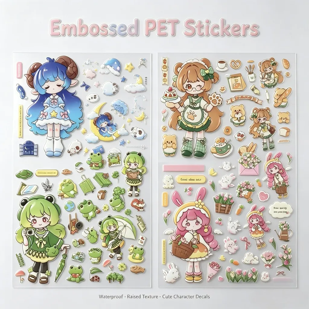 1Sheet Embossed Cartoon Character PET Stickers, Waterproof Decorative Decals for Luggage Customization Giajar Sticker Store