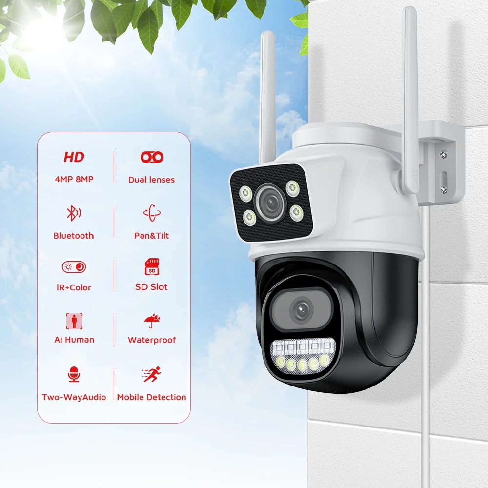 4K 8MP PTZ WIFI Camera Dual Lens Dual Screen IP Camera Outdoor Auto Tracking Security Protection CCTV Surveillance Camera ICSEE