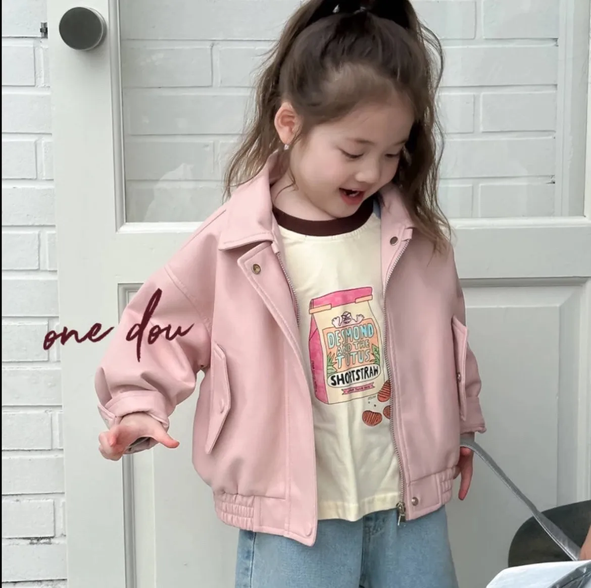 Girls Spring Autumn Loose PU Leather Jacket Children's Embroidered Pink Biker Coat Toddler Kids' Outerwear