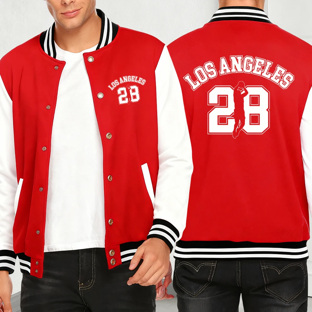 

Los Angeges Number 28 Print Men Jackets Fleece Streetwear Hip Hop Casual Clothes Loose Fashion Baseball Jersey Personality Coat