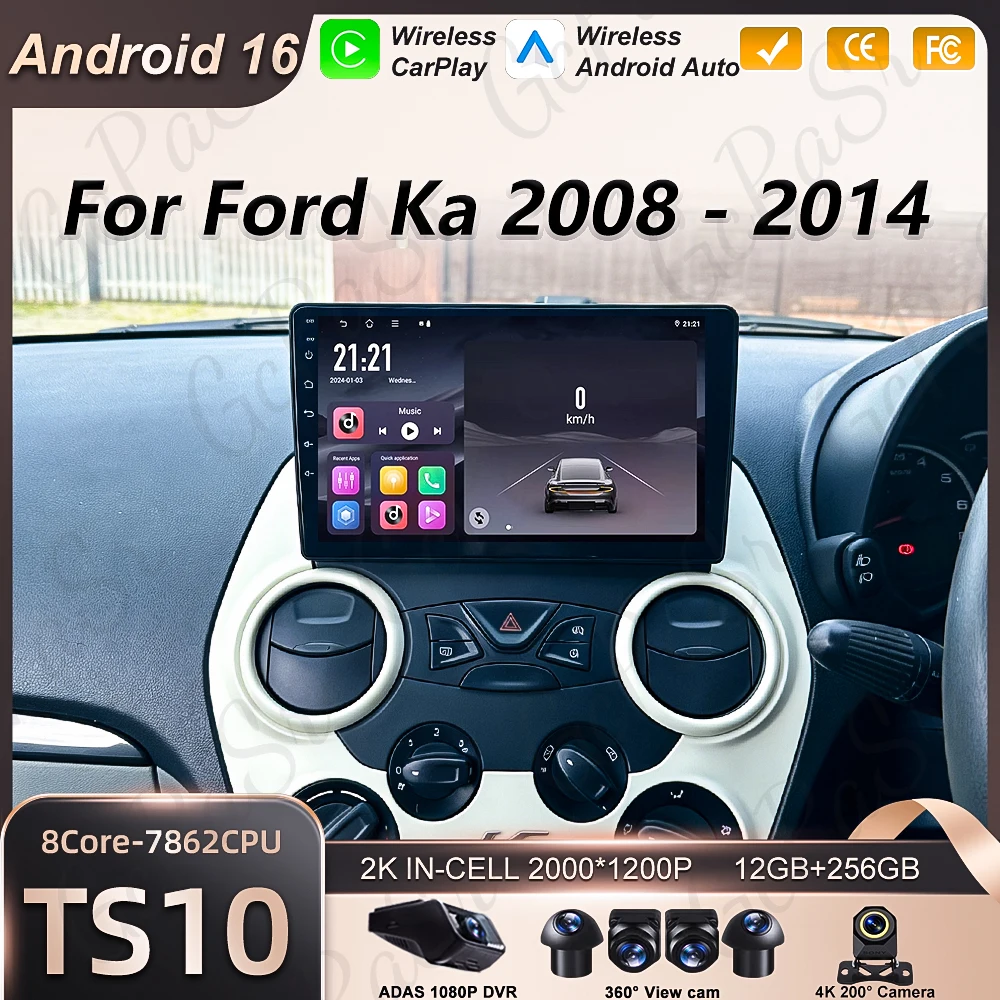 Car Radio Android 16 For Ford Ka 2008 2009 2010 2011 2012 2013 2014 GPS Navigation 5G Wifi Wireless DSP Head Unit Touch Screen