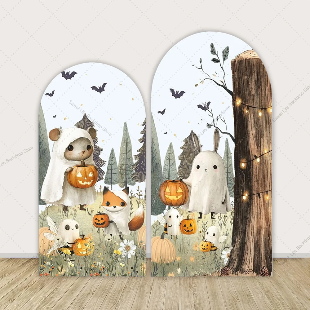 

Cute Ghost Animal Arch Backdrop Cover Baby Shower Birthday Halloween Pumpkin Party Backdrop Cover Banner Arched