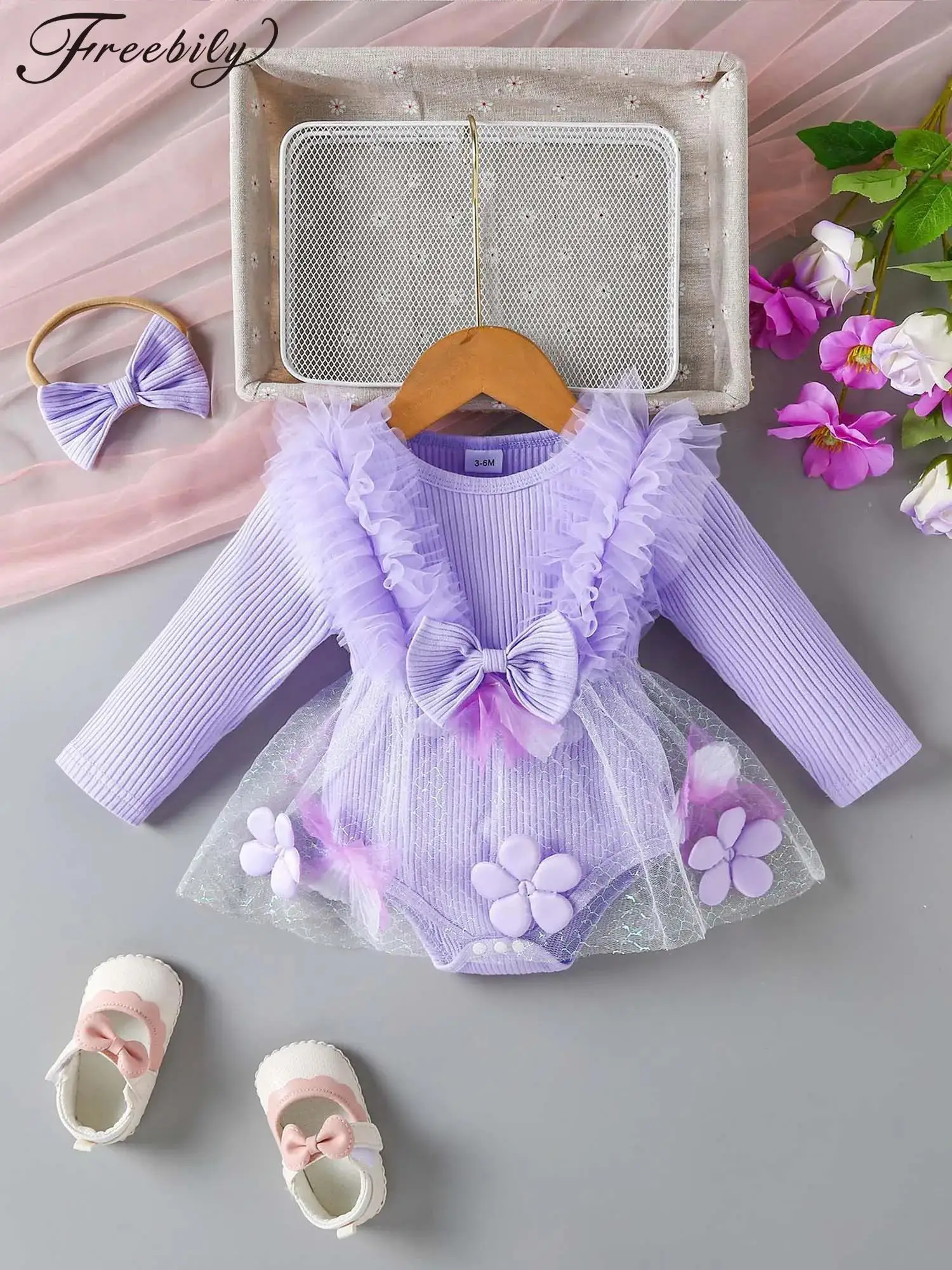 

Платье-комбинезон для маленьких девочек, тюлевые платья принцессы с длинными рукавами и бантом для новорожденных, купальник с повязкой на голову