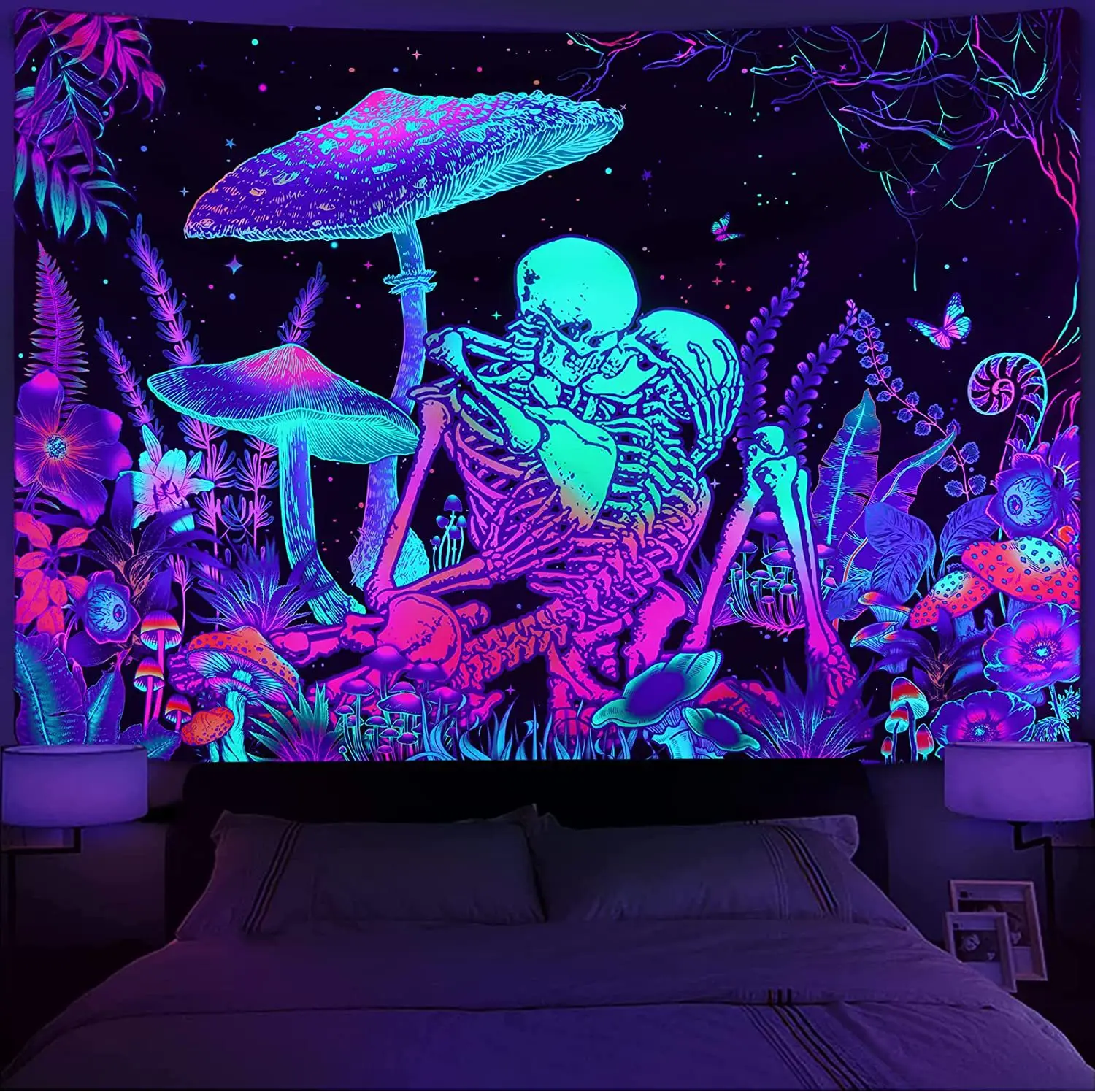 Moon Night Psychedelic Mushroom Purple UV Light Luminous Tapestry Wall Hanging Skull Butterfly Hippie Witchcraft Tapestries