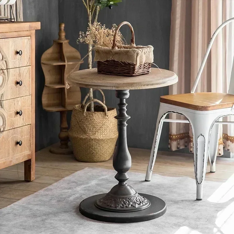 Retro Small Living Room Coffee Table Household Round Table Iron Round Household Solid Wood Table