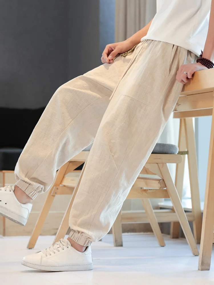 

Летние мужские повседневные свободные брюки-шаровары с манжетами, из льна и хлопка, с эластичным поясом, дышащие, легкие, молодежные