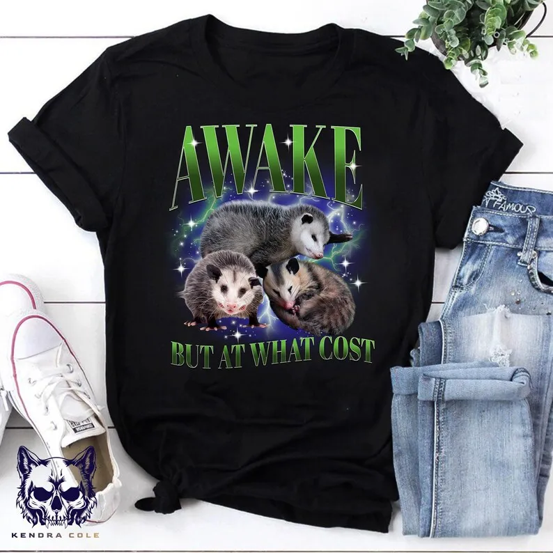 Awake But At What Cost Funny Possum Shirt, Retro Possum Bootleg , Vintage Opossum T Shirt