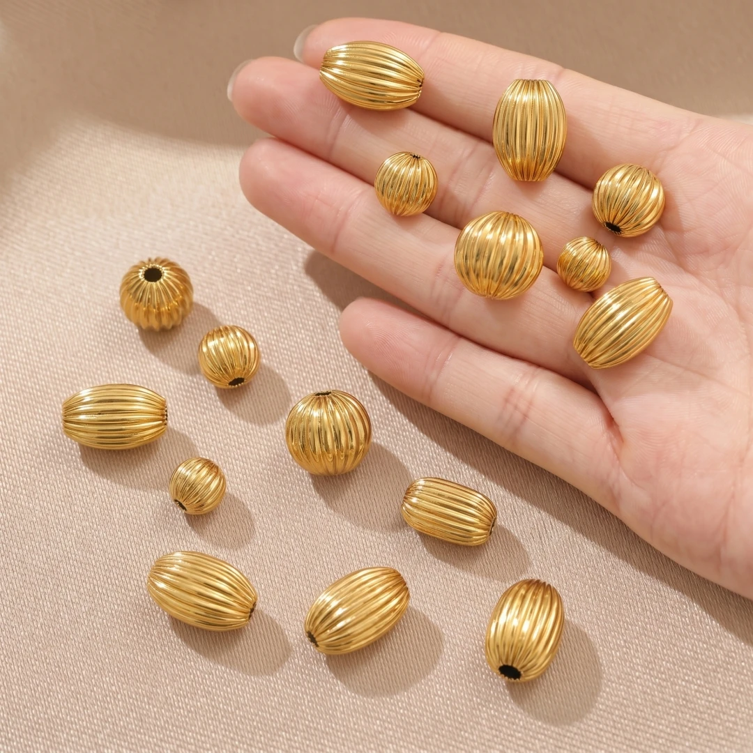 5 Stück 18K Gold Edelstahl Streifen-Abstandshalterperlen, vergoldete lose Perlenkappen-Anhänger für DIY-Nadelarbeiten, Schmuckherstellung, Armbänder – Detail 2