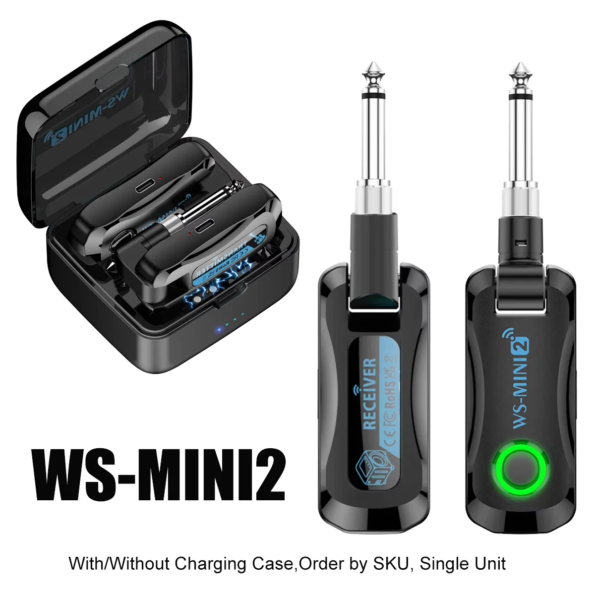 Miwayer WS-Mini2 2.4GHz Guitar Wireless System, Rechargeable Transceiver With & Without Charging Case for Bass & Guitar