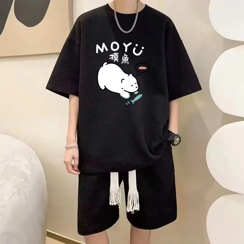 

Trendy Men Sports Suits Japanese Style Loose Sets Funny Printed T-shirts Shorts 2 Piece Set Summer Breathable Tracksuits New