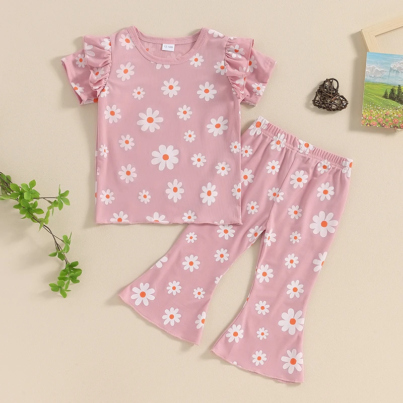 SUNSIOM 2 Pcs Toddler Girl Summer Clothes Set Floral Print Short Sleeve Tops with Elastic Waist Bell-Bottom Pants Outfit