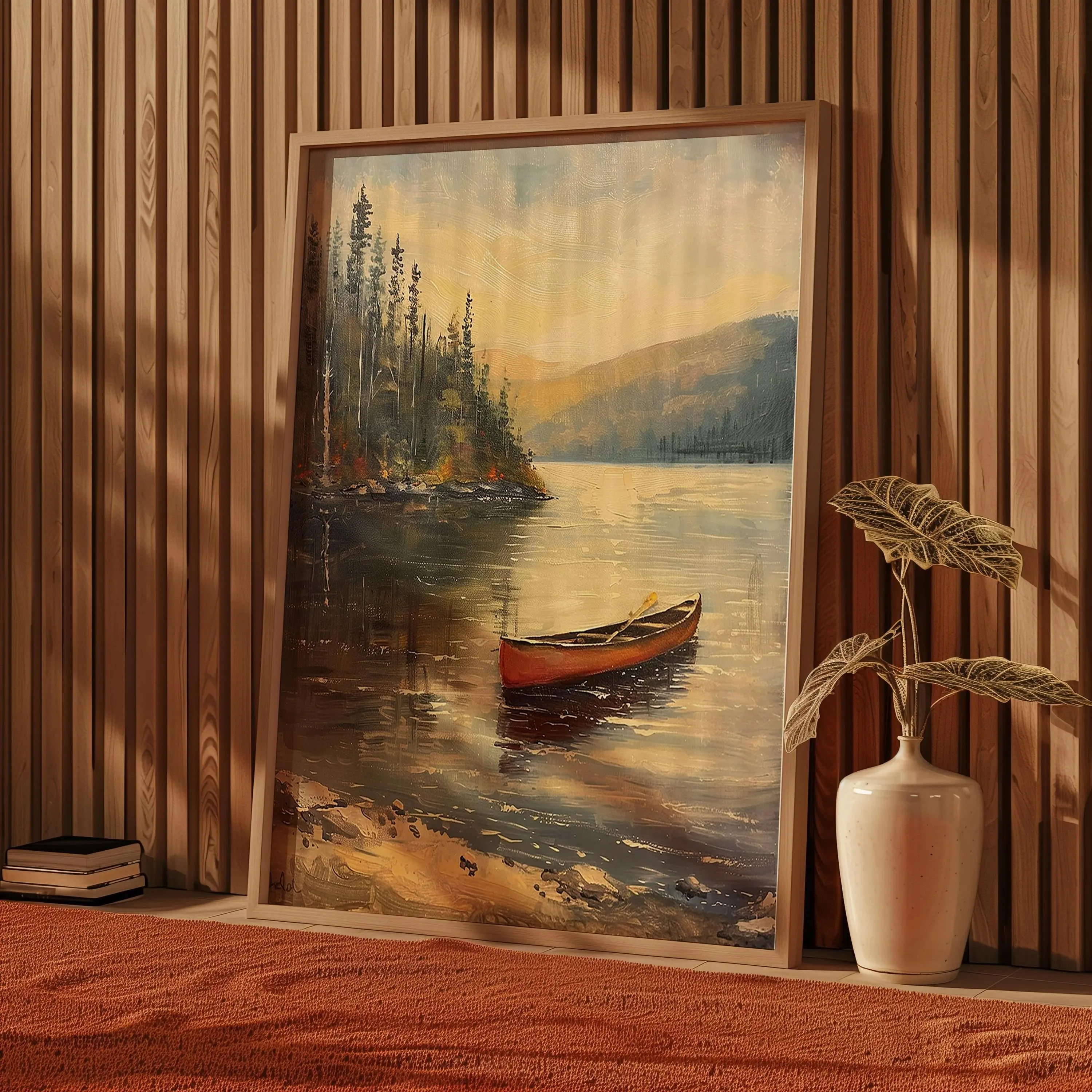 Vintage Canoe in the Lake Oil Painting Print Rustic Antique Retro Sports Poster Canadian Travel Cabin Cottage Wall Art Gifts