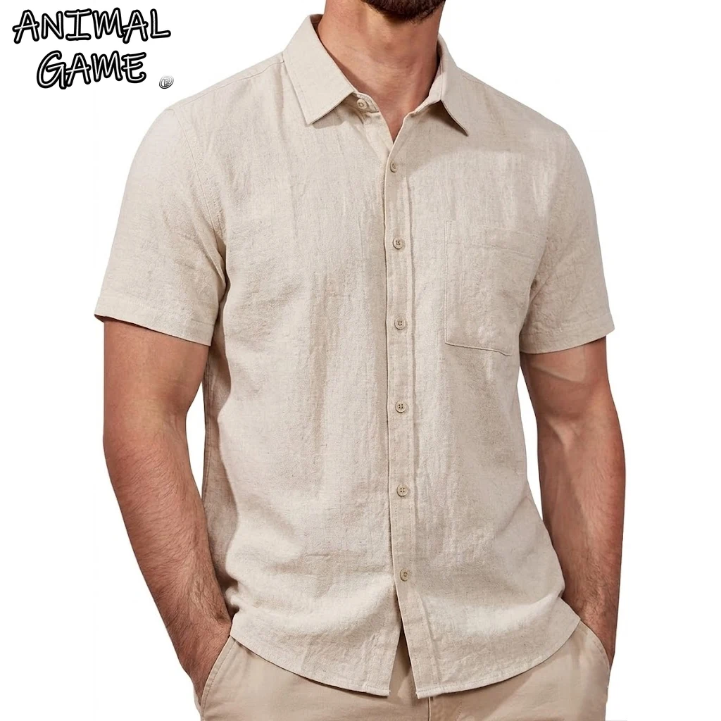 Summer Short Sleeve Cotton Linen Shirts for Men Luxury Breathable Hawaiian T-Shirt Beach Pocket Button Down Hawaiian Tshirts