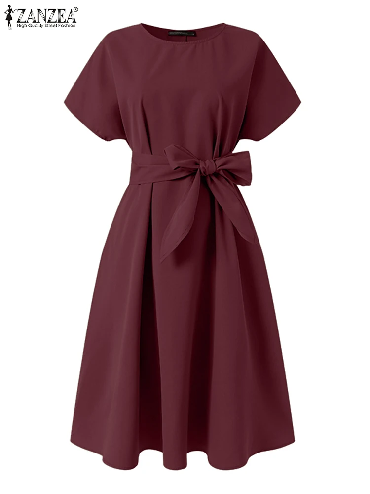 ZANZEA Summer Short Sleeve Dress Women Fashion Party Work Sundress Elegant Solid A-line Vestido Casual Knee-length Robe Femme