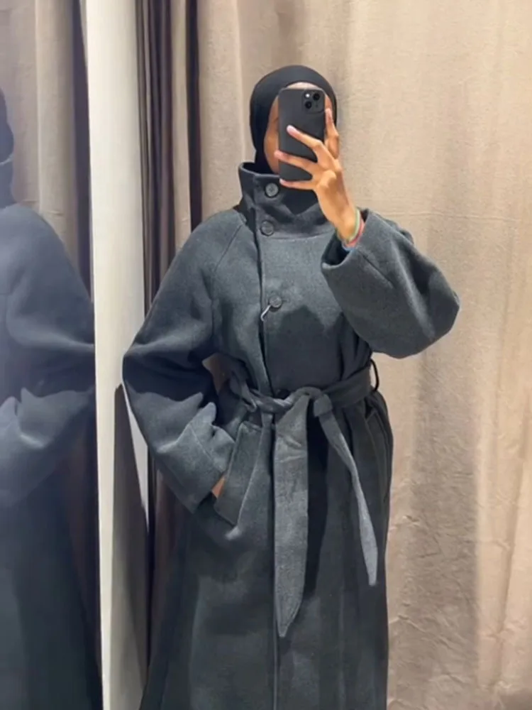 HH الشتاء معاطف النساء الأنيقة الصلبة عالية الياقة طويلة الأكمام جيوب حزام الديكور واحدة الصدر الإناث معطف طويل فضفاض