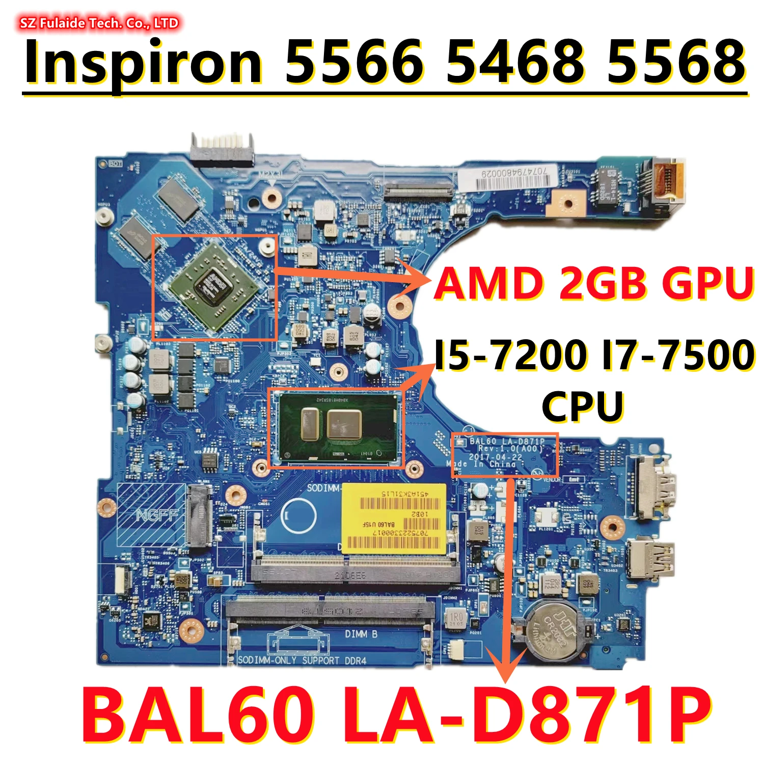 BAL60-Laptop اللوحة الأم لديل ، انسبايرون 5566 ، 5468 ، 5568 ، I5-7200 ، وحدة المعالجة المركزية I7-7500 ، وحدة معالجة الرسومات AMD 2GB ، CN-0T13C0 ، CN-09DT3W ، DDR3 ، LA-D871P