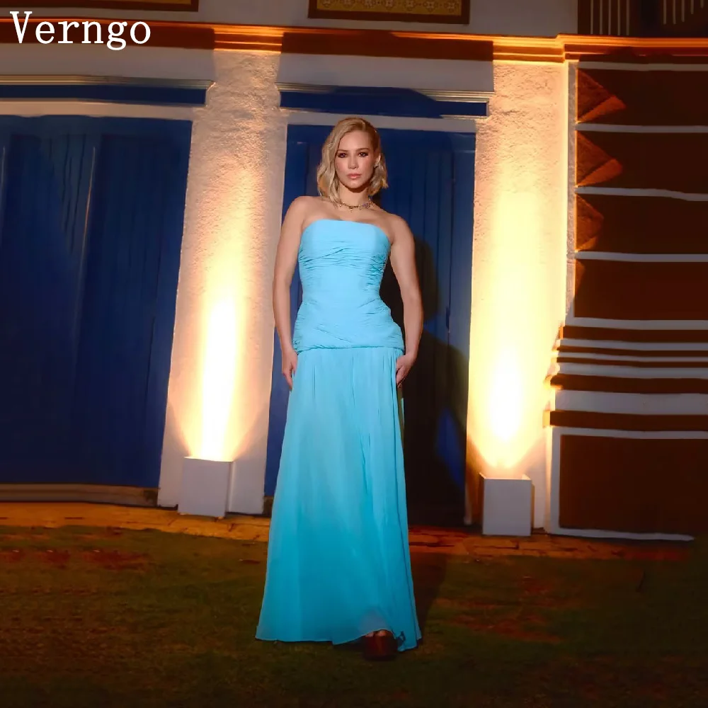 Verngo Flowry Blue Chiffon Prom Gowns Strapless A Line Pleated Scarf Wedding Party Dresses Elegant Evening Dress Customized