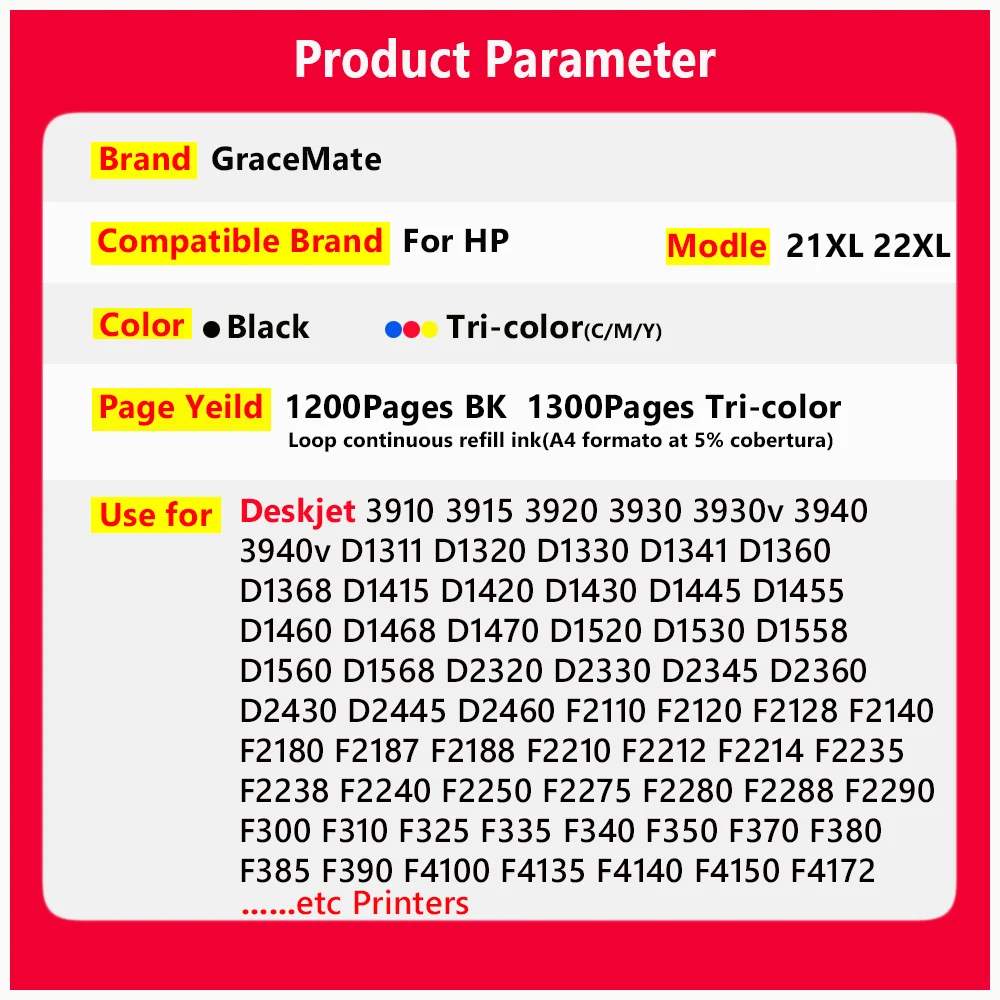 21xl 22XL Refillable Compatible HP 21 22 Hp21 Ink Cartridge for HP Deskjet 3915 3920 D1530 D1320 D1311 F2100 F2280 F4100 F2180