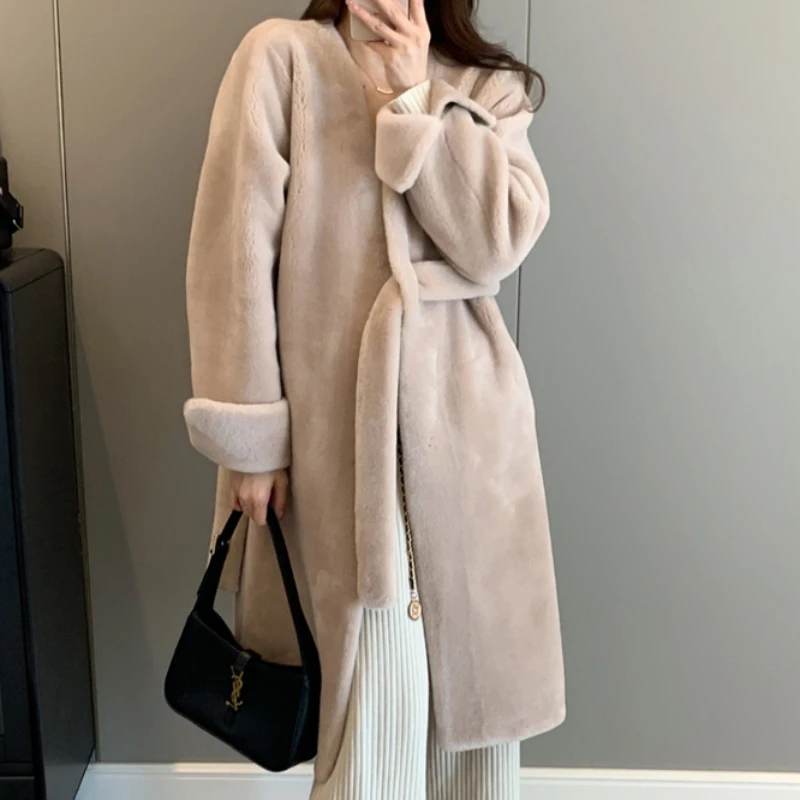 2023 New Women Faux Fur Coat All-Wool Suede Outcoat Mid-Length Simple High-Grade Lamb Wool Parkas Winter Fashion V-neck Outwear