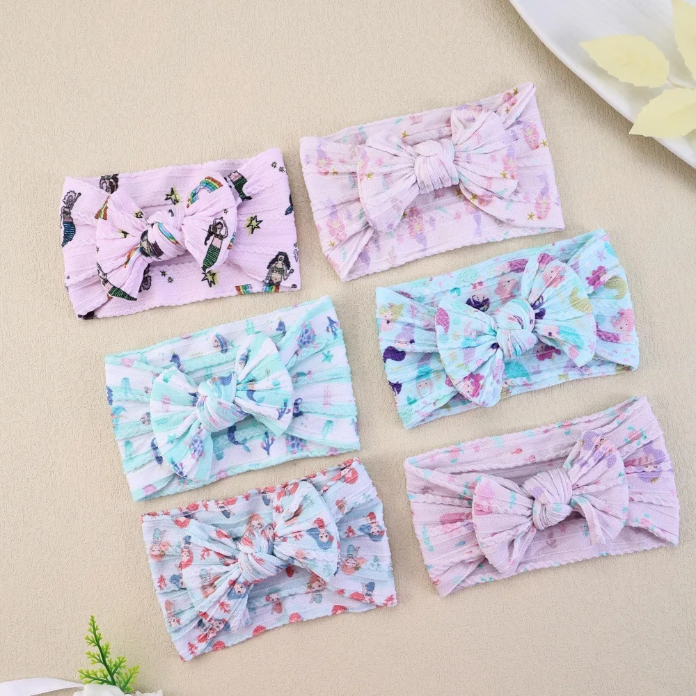 

24 PCS/Lot, Mermaid Print Knot Bow Baby Headband Infant Toddlers Hair Accessories Ear Warmer Nylon Turban Headwrap