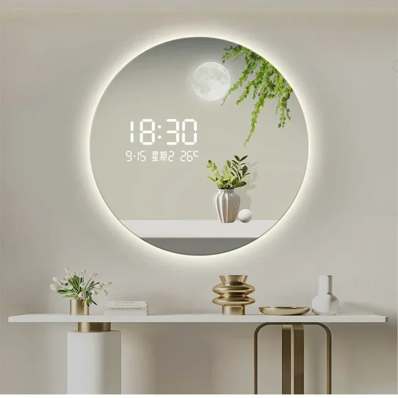 Round green plant luminous electronic wall clock living room dining room decorative painting creative light table wall clock